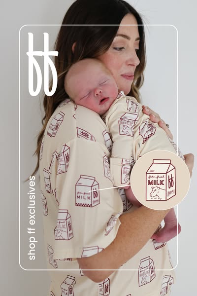 Ad shows a mother holding a baby, both wearing matching pajamas. The ad focuses on the brand's exclusive designs and