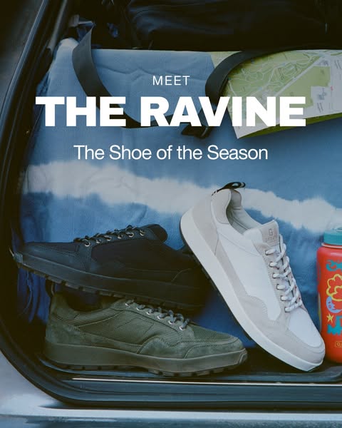 This ad showcases three different colors of the same shoe model, called "The Ravine". The shoes are presented 