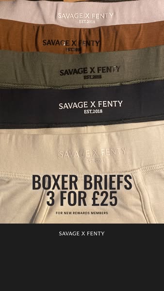 This image ad for Savage X Fenty promotes a deal on boxer briefs for new rewards members. The ad features a stack of box