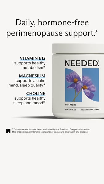 This image ad showcases the Needed. Peri Multi supplement, highlighting its key ingredients and benefits for perimenopau