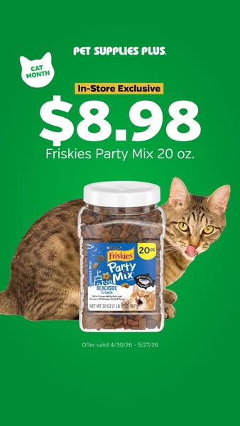 This ad promotes Friskies Party Mix cat treats, highlighting a promotional price at Pet Supplies Plus during cat month. 