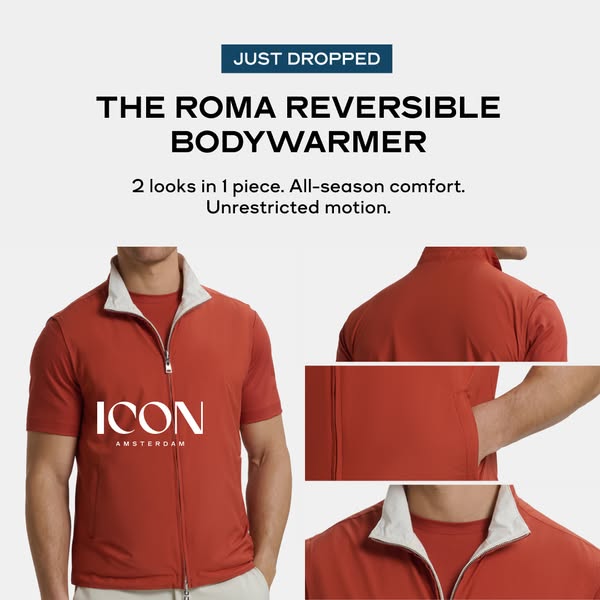 This is an ad for ICON AMSTERDAM. The ad is for the Roma Reversible Bodywarmer which features two looks in one piece and