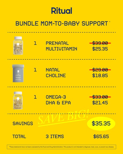 This ad is for Ritual vitamins. It lists the Mom-To-Baby Support Bundle, which includes Prenatal Multivitamin, Natal Cho