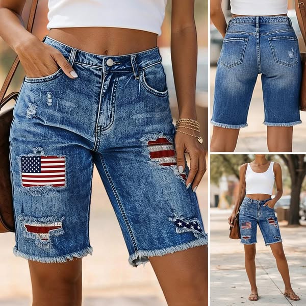 This image ad showcases a pair of distressed denim shorts with American flag patches. The ad uses a collage layout with 