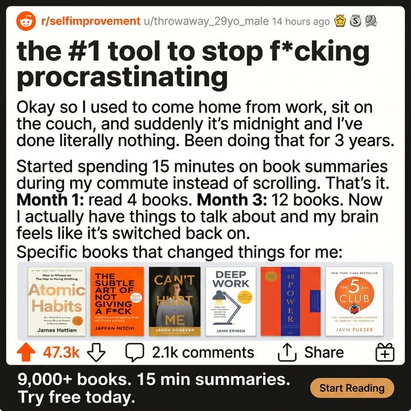 A screenshot of a Reddit post in the r/selfimprovement subreddit showcases a user's experience overcoming procrastin