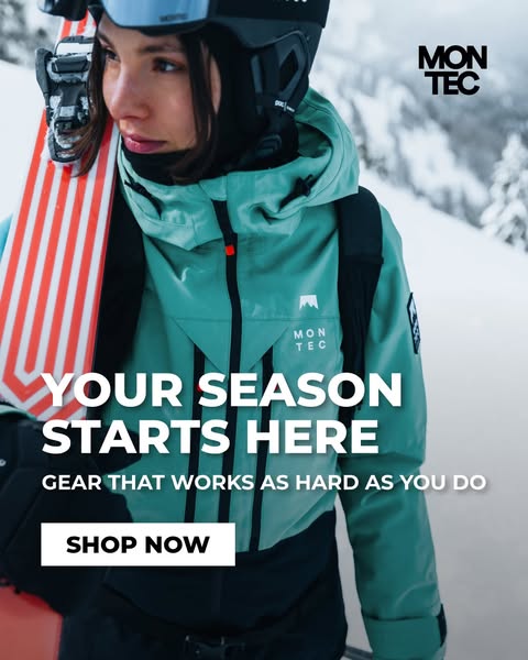 This image ad for Montec features a woman wearing a ski jacket and carrying skis. The ad highlights the brand's comm