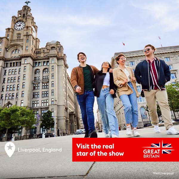 This image ad promotes tourism to Liverpool, England, showcasing a group of young adults enjoying the city's sights.