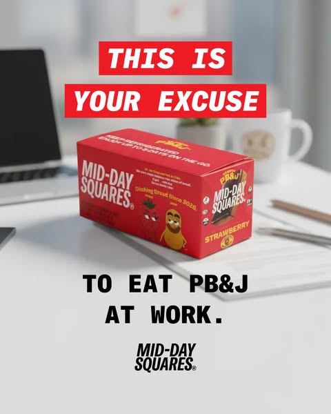This ad promotes Mid-Day Squares, a refrigerated protein snack, as an alternative to unhealthy midday cravings. The crea