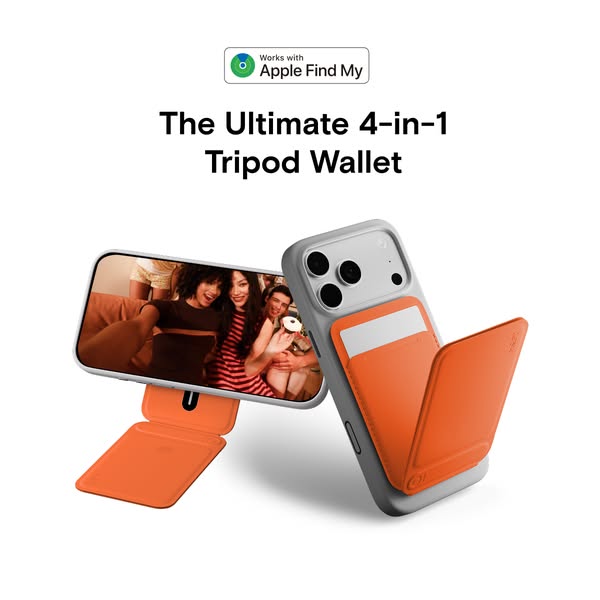 This ad promotes a 4-in-1 tripod wallet for iPhones. The product allows users to carry cards, use it as a tripod, and lo