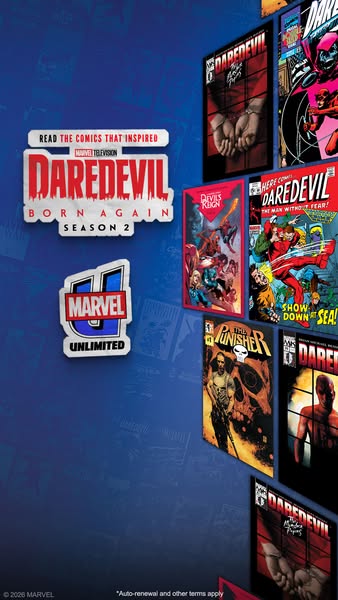 This ad for Marvel Unlimited features Daredevil comic books. It is advertising the comics that inspired the Daredevil Bo