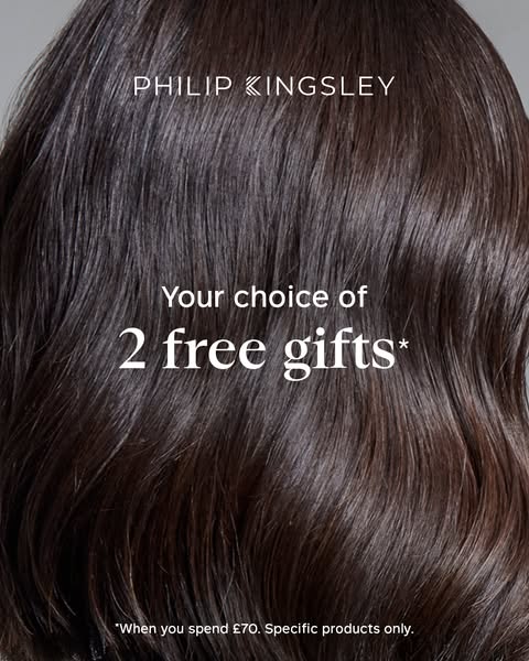 This static image ad for Philip Kingsley promotes a limited-time offer of two free gifts with a minimum purchase, target