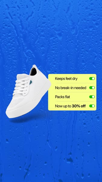This is an ad for a shoe brand highlighting that the shoes keep your feet dry, require no break-in period, and pack flat