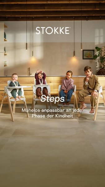 This image ad for Stokke features four children of different ages seated in the Stokke Steps high chair. The tagline hig