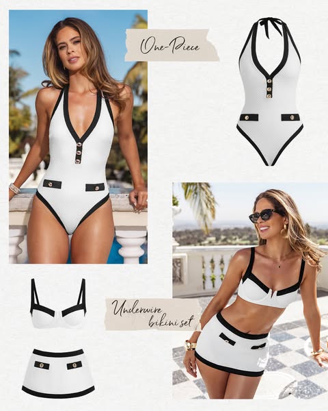 This ad features a collage of images showcasing a white one-piece swimsuit and a white underwire bikini set with black t