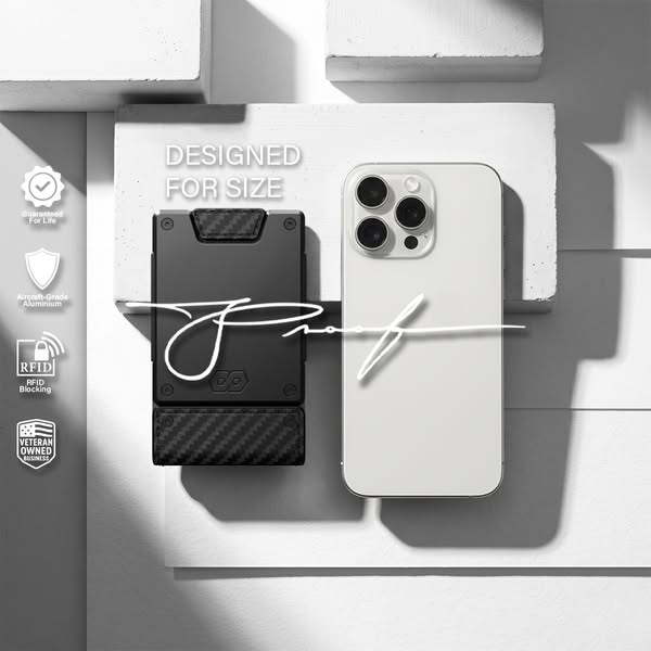 This ad features a slim metal wallet and a cell phone. It highlights the wallet's slim design.
