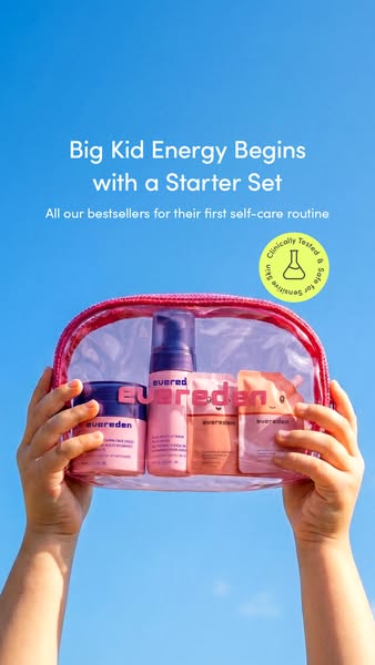 This ad is advertising a starter set of skincare products from the brand evereden. The starter set includes four of the 