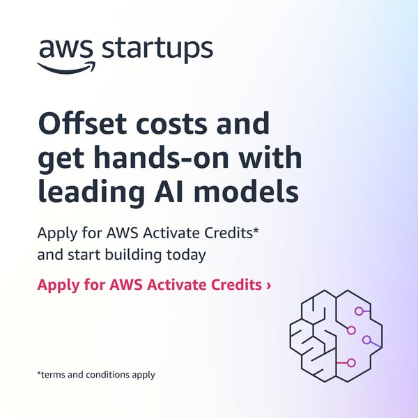 This ad promotes AWS Activate Credits for startups, highlighting the opportunity to offset costs and gain hands-on exper