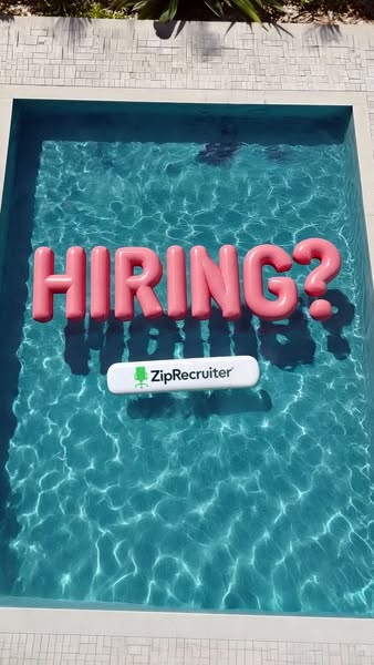 An image ad for ZipRecruiter with the question "Hiring?" spelled out in pink inflatable letters floating in a 