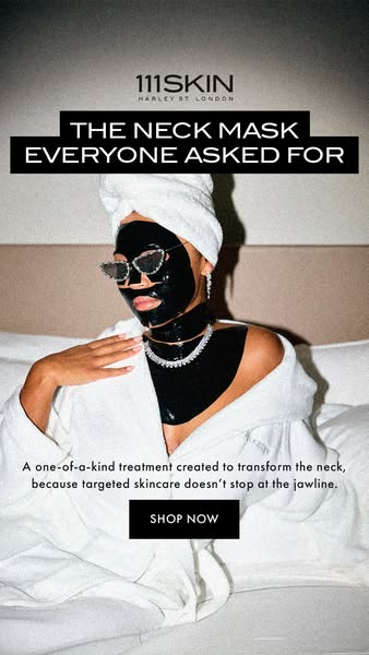 This ad promotes 111Skin's neck mask. The image features a woman wearing the mask and relaxing. The ad copy emphasiz