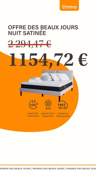 Ad for Emma mattress showing the original price crossed out and the discounted price. The ad also includes the benefits