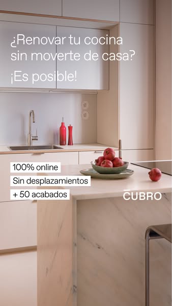 This ad for Cubro promotes the ease of renovating a kitchen online with over 50 finishes and without having to leave hom
