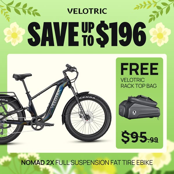 This image ad showcases the Velotric Nomad 2X full suspension fat tire ebike, highlighting a potential savings of up to 