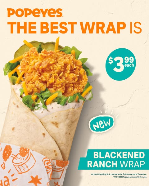 This Popeyes ad showcases their Blackened Ranch Wrap for $3.99. The image features a close-up shot of the wrap filled wi