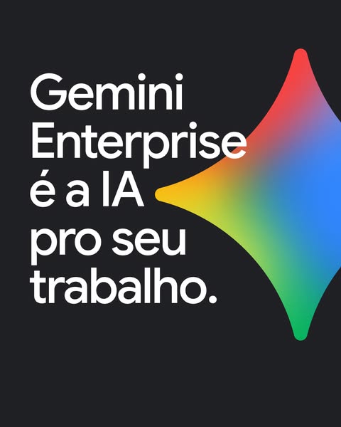 Ad for Gemini Enterprise showing a colorful graphic and text in Portuguese.
