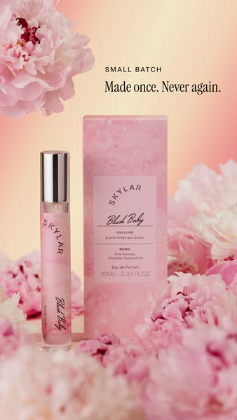This image ad showcases Skylar's Blush Baby perfume, emphasizing its small-batch, limited-edition nature. The ad hig