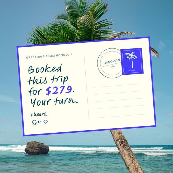 The ad is designed to look like a postcard from Honolulu. It attempts to entice viewers to book a trip with the offer th