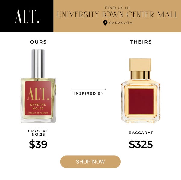 This image ad is a side-by-side comparison of ALT.'s Crystal No. 23 perfume alongside Baccarat Rouge 540. It emphasi