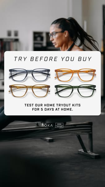 This image ad for ROKA promotes their home tryout kits, allowing customers to test frames for 5 days at home before purc