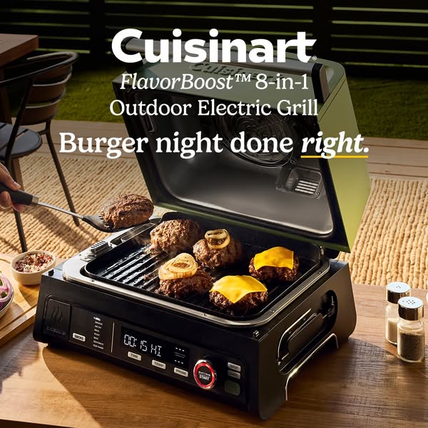 This image ad showcases a Cuisinart FlavorBoost™ 8-in-1 Outdoor Electric Grill with text overlay indicating that it will