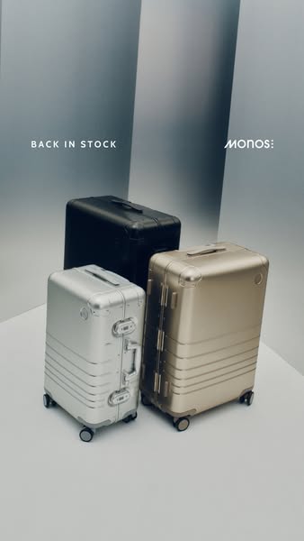 This ad showcases three Monos suitcases in different colors against a neutral background. The ad highlights that the sui