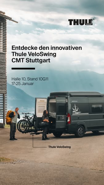 This image ad promotes the Thule VeloSwing at the CMT Stuttgart event, highlighting its innovative design and functional