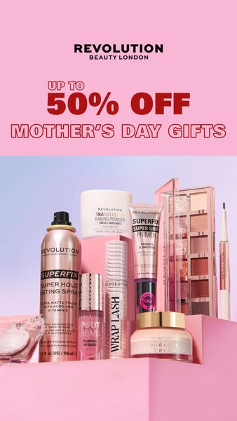 This image ad from Revolution Beauty London showcases several makeup and skincare products arranged on stacked pink plat