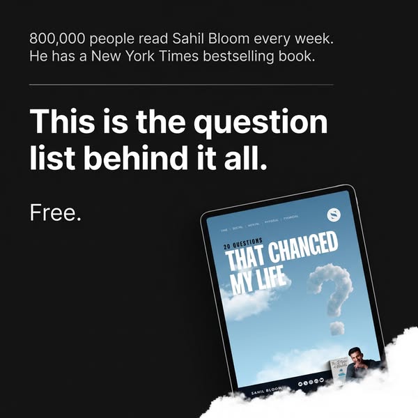 This ad is promoting the question list behind Sahil Bloom's success, claiming he has 800,000 weekly readers and is a