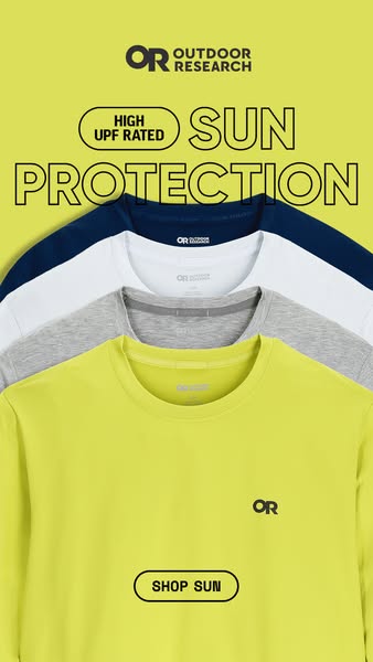 This ad for Outdoor Research promotes their sun protection clothing line. The ad features a stack of t-shirts in various