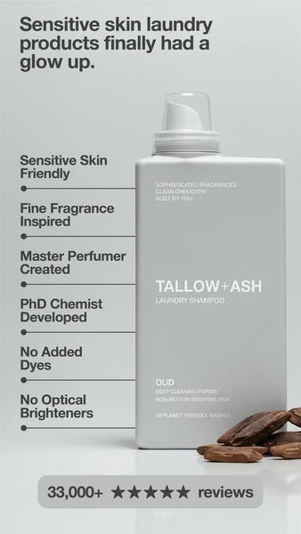 An image ad for Tallow + Ash laundry shampoo. The ad highlights that the product is designed to be gentle on sensitive s