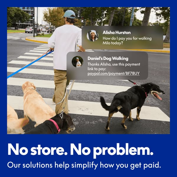 This ad shows a dog walker being paid via a payment link. The ad highlights the ease of getting paid with the service.