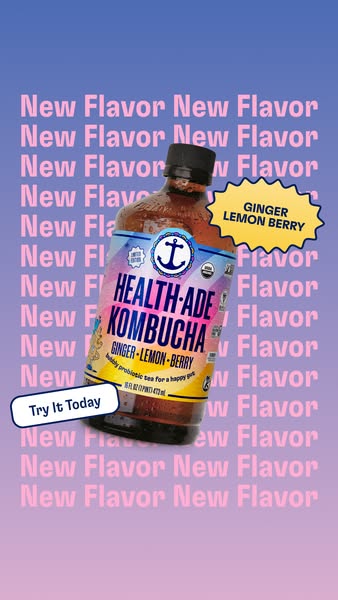 This ad features a bottle of Health-Ade Kombucha in the new Ginger Lemon Berry flavor. The background consists of the wo