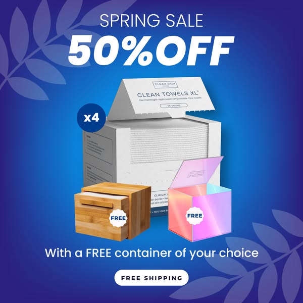 This image ad promotes Clean Skin brand Clean Towels XL with a spring sale of 50% off. The ad also advertises a free con