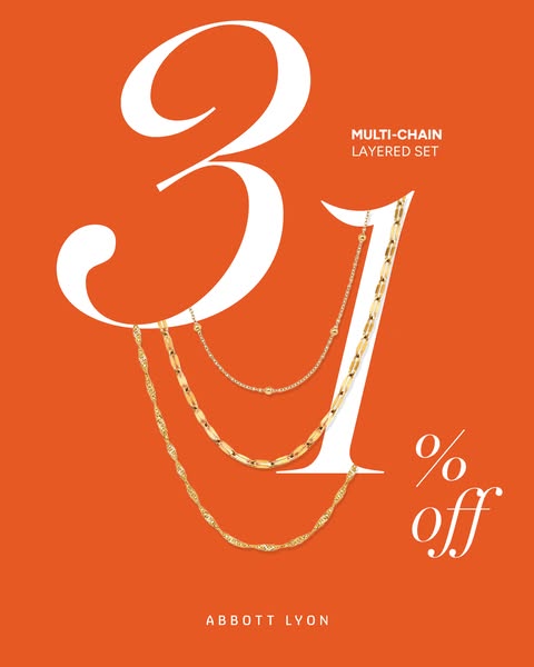 An ad for an Abbott Lyon multi-chain layered necklace set, offered at 31% off.