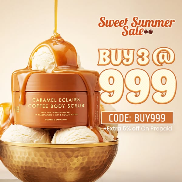 This image ad promotes Caramel Eclairs Coffee Body Scrub. It features the product in a caramel sauce-covered dessert bow