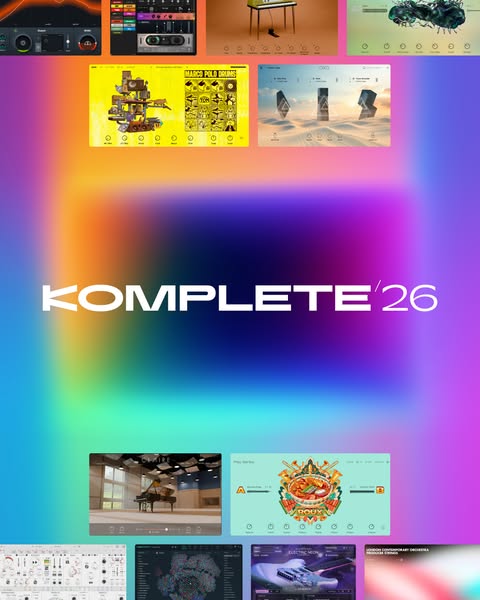 This ad showcases the Native Instruments KOMPLETE 26 software package, designed for music producers, composers, and soun
