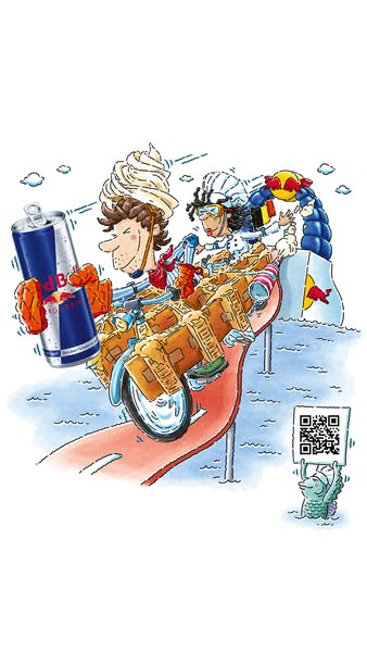 The ad contains an illustration of two people on a vehicle constructed of boxes being propelled in the water. A can of R