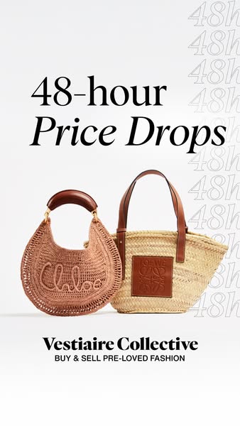 This image ad for Vestiaire Collective promotes a 48-hour price drop on pre-loved fashion items. The ad features two des