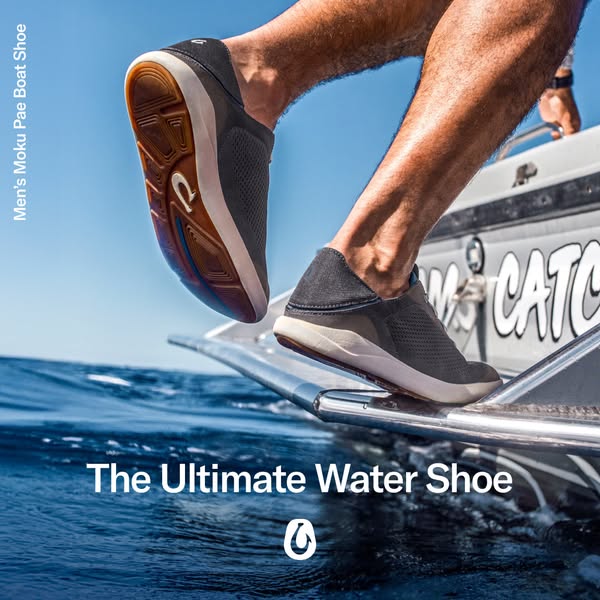 This ad showcases the Moku Pae Boat Shoe from OluKai, highlighting its suitability for water activities. The image featu