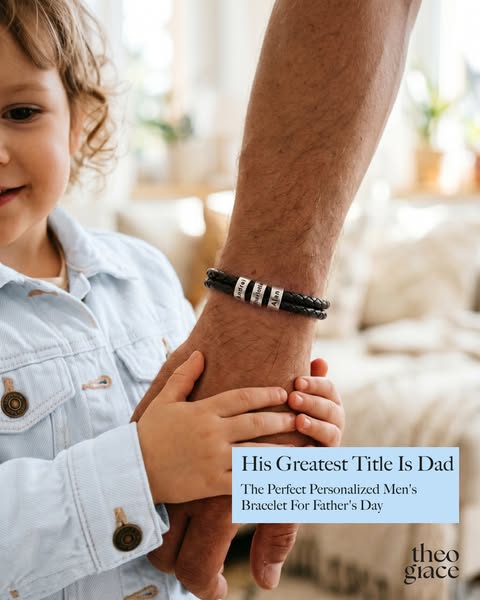 This image ad for theo giace features a close-up of a child holding hands with an adult who is wearing a personalized me