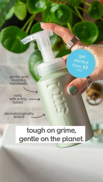 This image ad for Plus hand soap highlights the product's features, such as being gentle and foaming, refillable wit